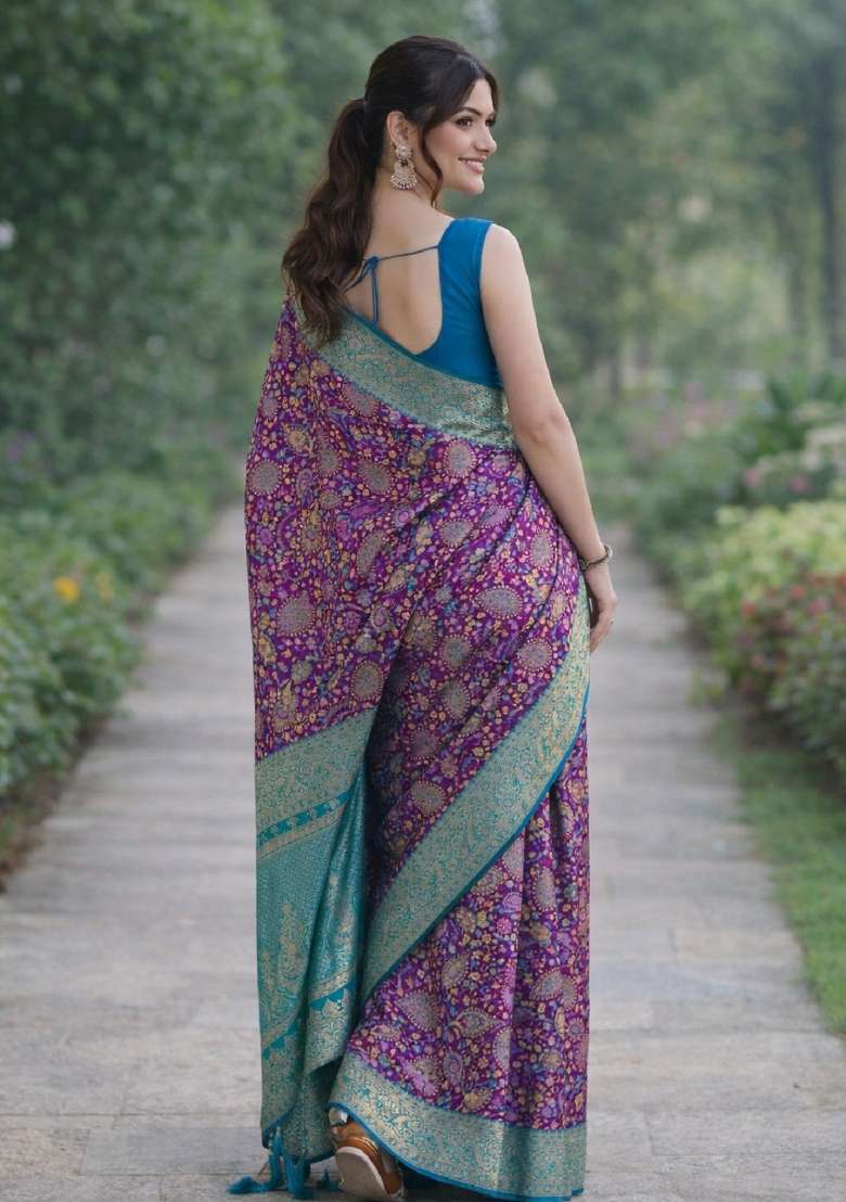 Wine Embroidered Banarasi Silk Blend Saree Set - Indya