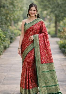 Red Embroidered Banarasi Silk Blend Saree Set