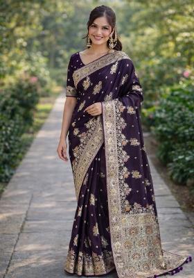 Plum Embroidered Banarasi Silk Blend Saree Set