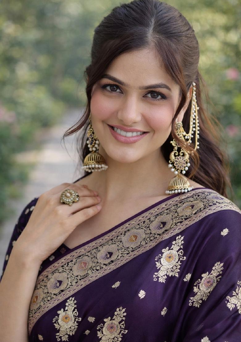 Plum Embroidered Banarasi Silk Blend Saree Set - Indya