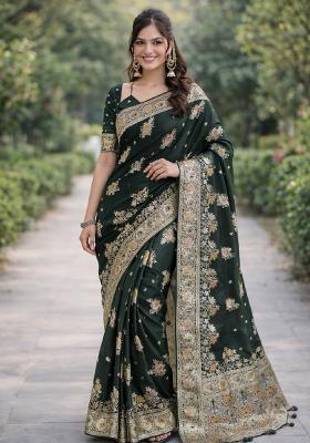 Green Embroidered Banarasi Silk Blend Saree Set