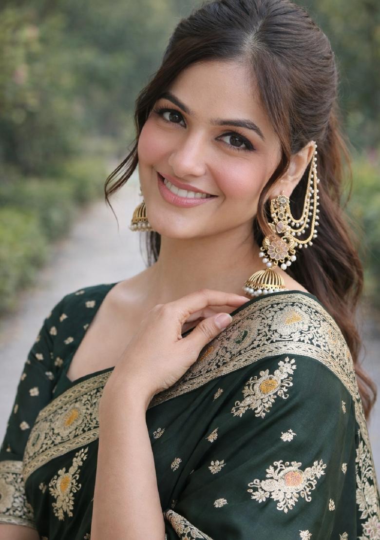 Green Embroidered Banarasi Silk Blend Saree Set - Indya