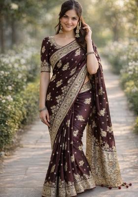 Maroon Embroidered Banarasi Silk Blend Saree Set