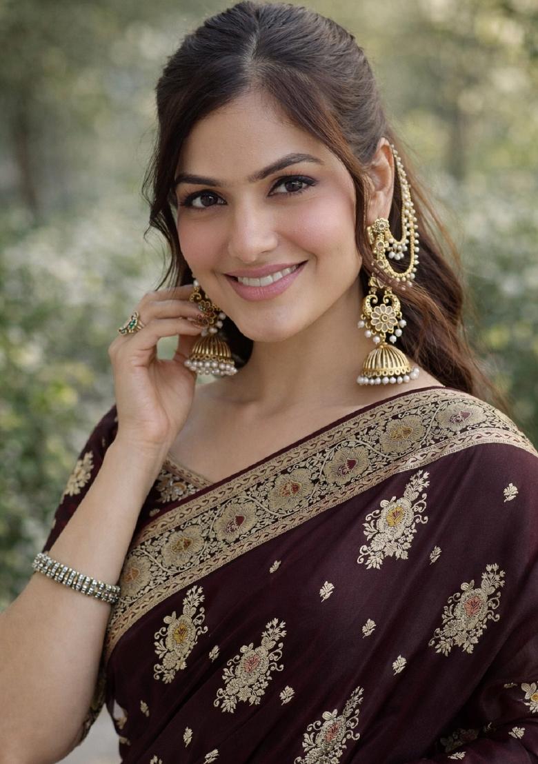 Maroon Embroidered Banarasi Silk Blend Saree Set - Indya