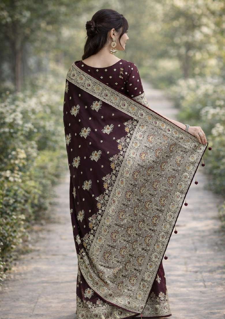 Maroon Embroidered Banarasi Silk Blend Saree Set - Indya