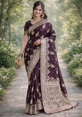 Wine Embroidered Banarasi Silk Blend Saree Set