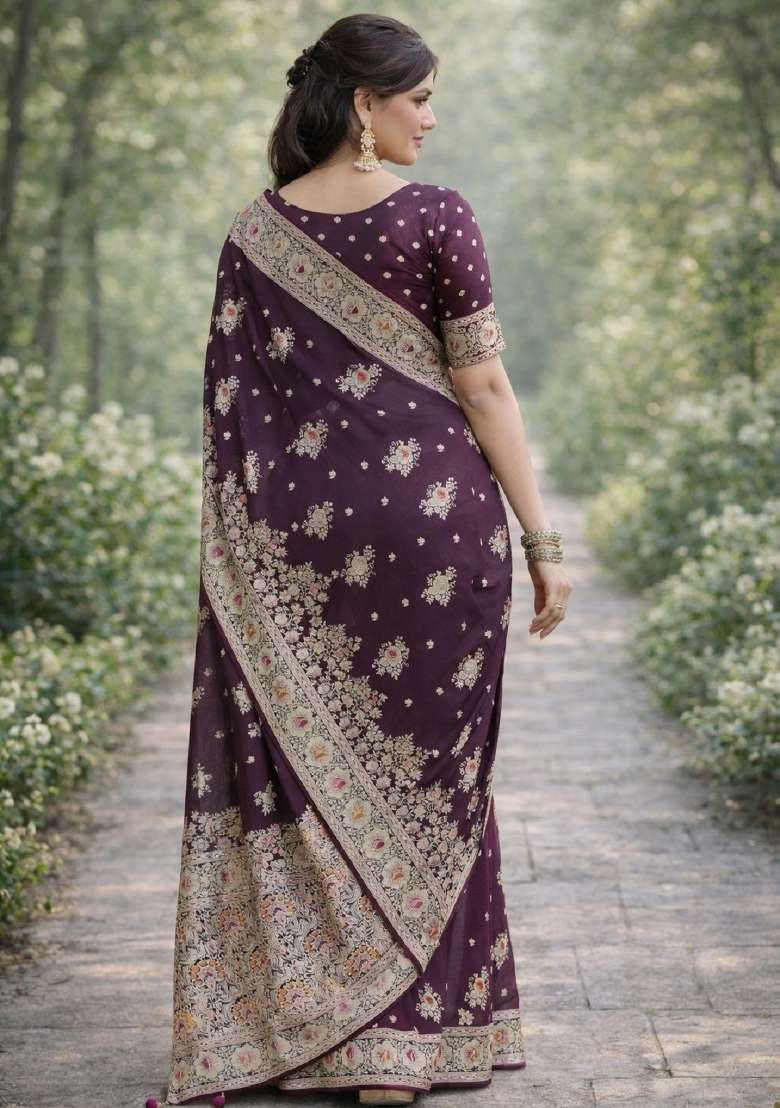 Wine Embroidered Banarasi Silk Blend Saree Set - Indya