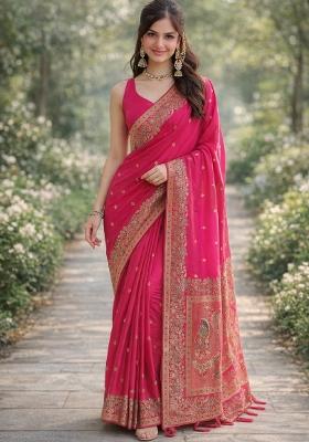 Pink Embroidered Banarasi Silk Blend Saree Set