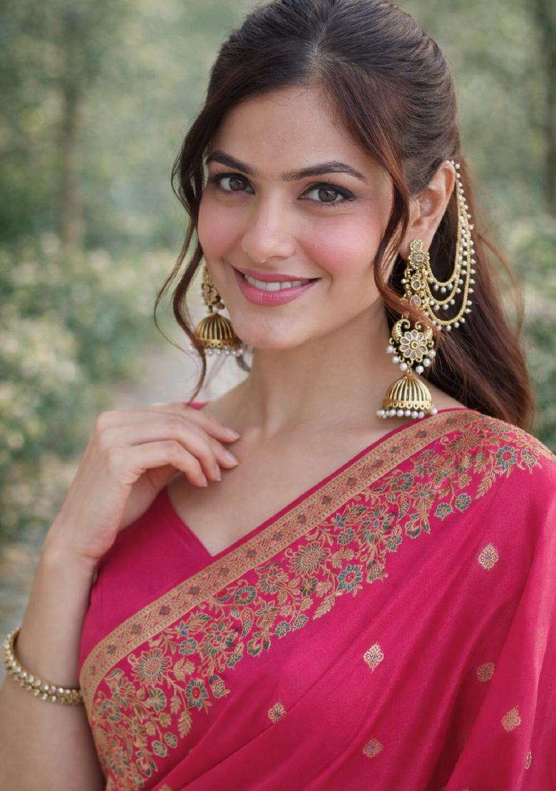 Pink Embroidered Banarasi Silk Blend Saree Set - Indya