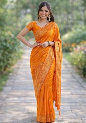 Orange Embroidered Banarasi Silk Blend Saree Set
