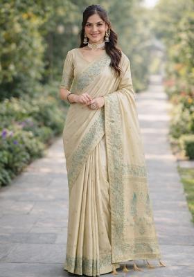 Cream Embroidered Banarasi Silk Blend Saree Set
