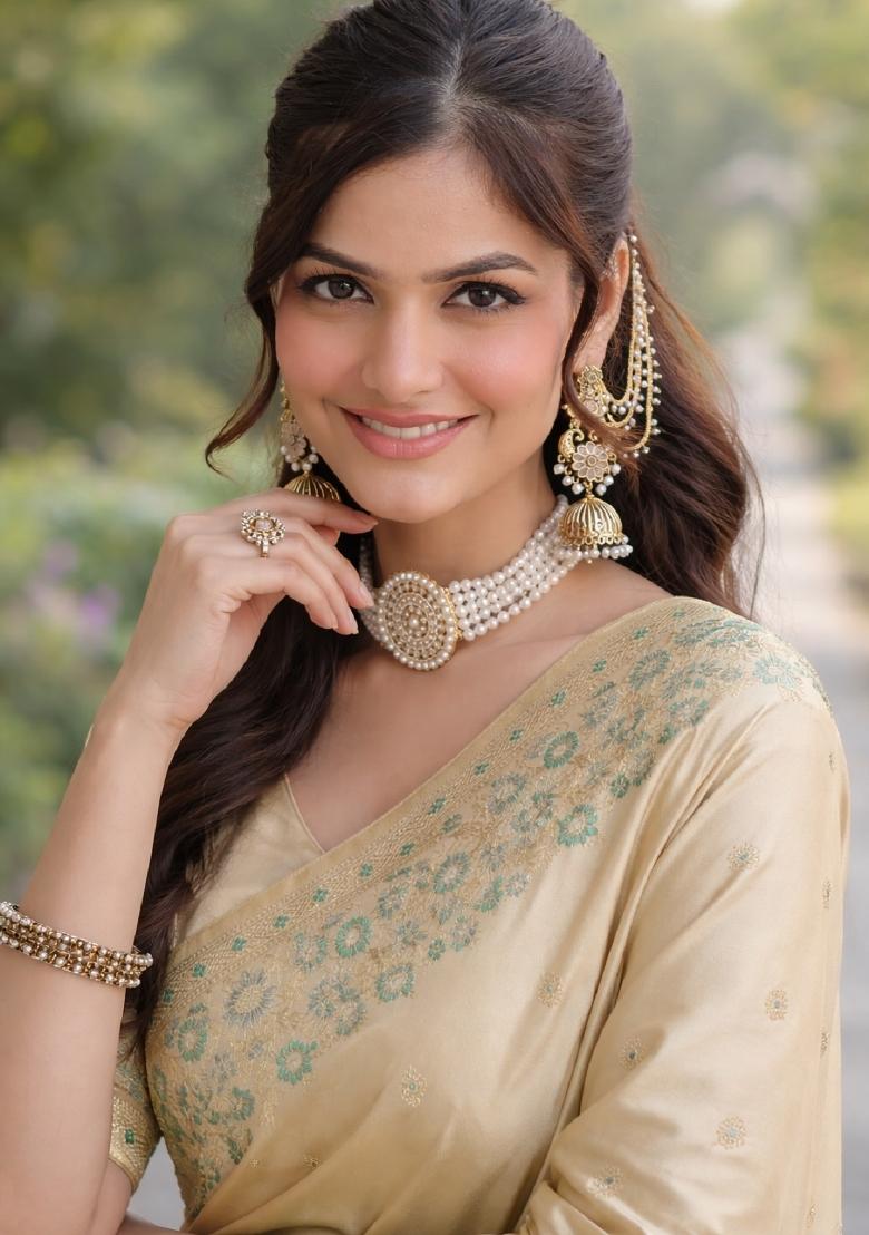 Cream Embroidered Banarasi Silk Blend Saree Set - Indya