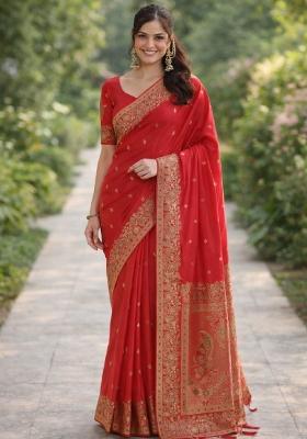 Red Embroidered Banarasi Silk Blend Saree Set