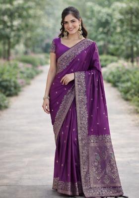 Purple Embroidered Banarasi Silk Blend Saree Set
