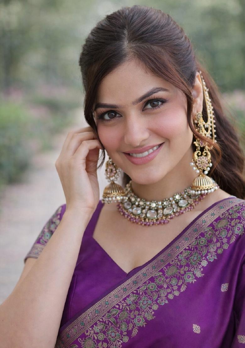 Purple Embroidered Banarasi Silk Blend Saree Set - Indya