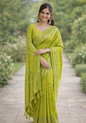 Parrot Green Embroidered Banarasi Silk Blend Saree Set