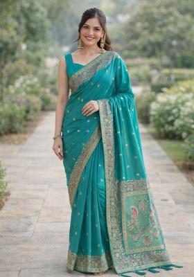 Turquoise Embroidered Banarasi Silk Blend Saree Set