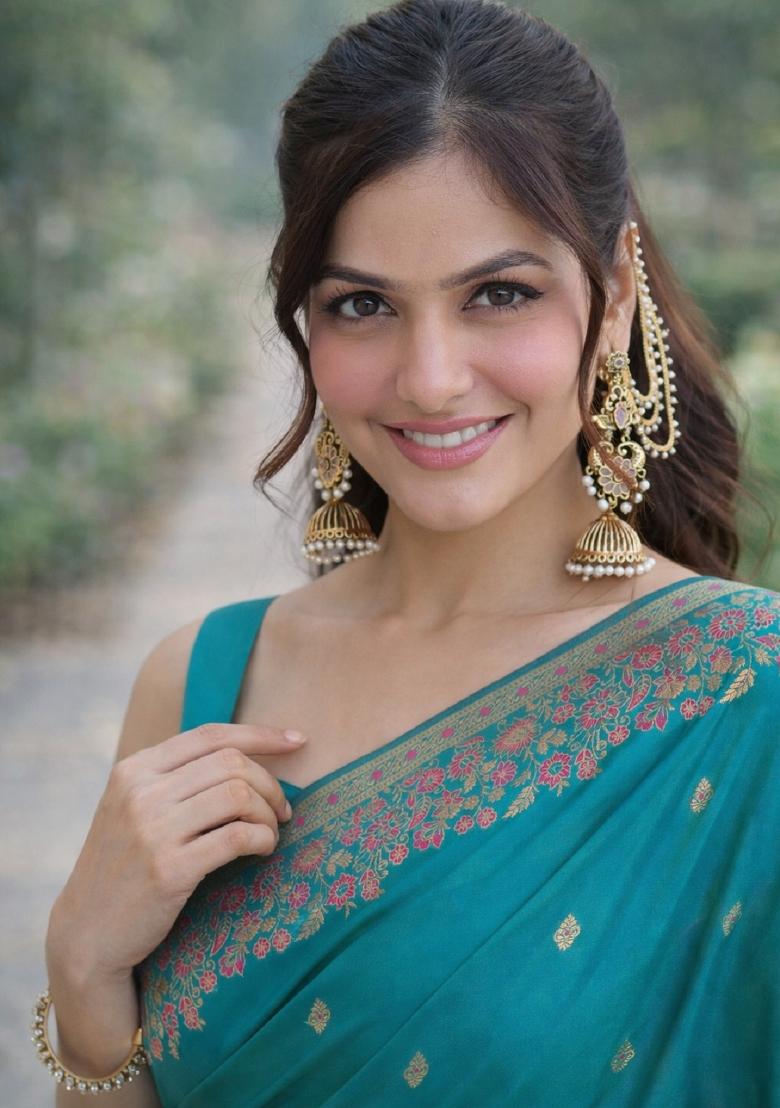 Turquoise Embroidered Banarasi Silk Blend Saree Set - Indya