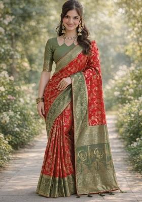 Red Embroidered Banarasi Silk Blend Saree Set