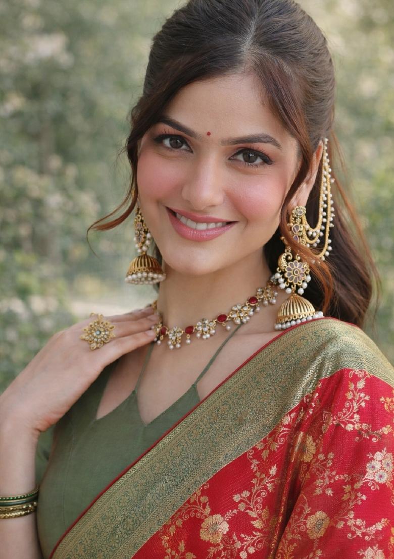 Red Embroidered Banarasi Silk Blend Saree Set - Indya