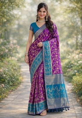 Purple Embroidered Banarasi Silk Blend Saree Set