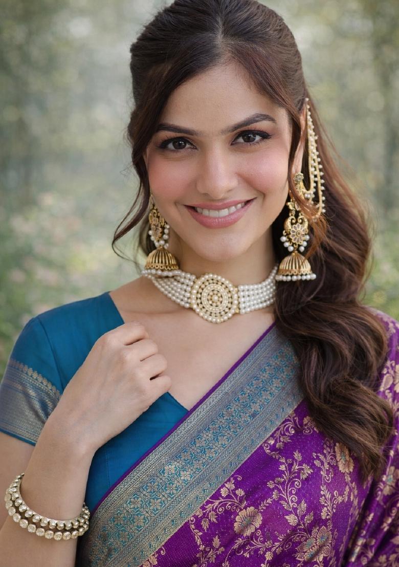 Purple Embroidered Banarasi Silk Blend Saree Set - Indya