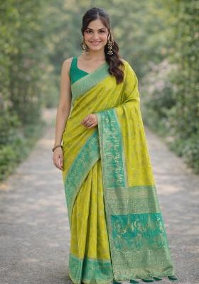 Parrot Green Embroidered Banarasi Silk Blend Saree Set