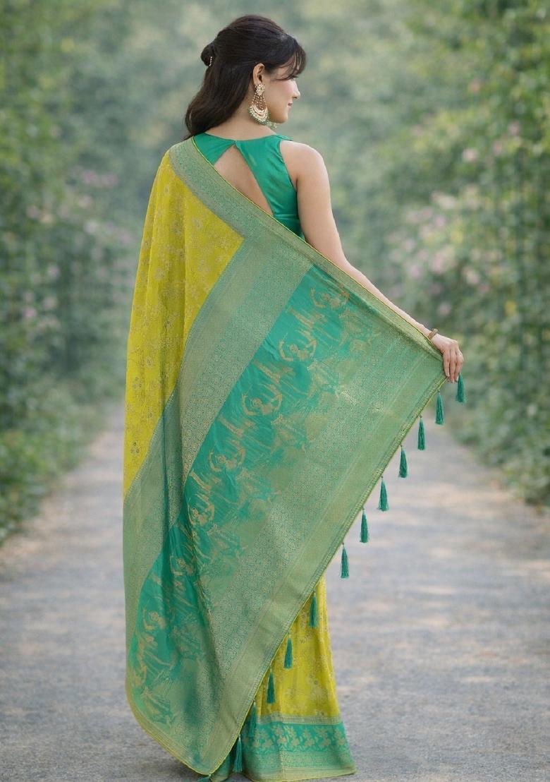 Parrot Green Embroidered Banarasi Silk Blend Saree Set - Indya