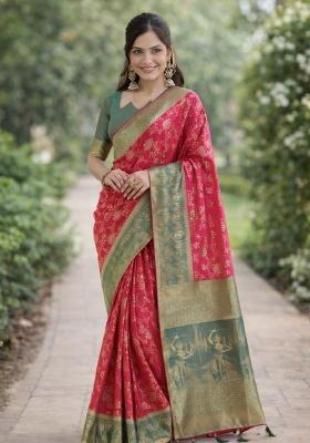 Pink Embroidered Banarasi Silk Blend Saree Set