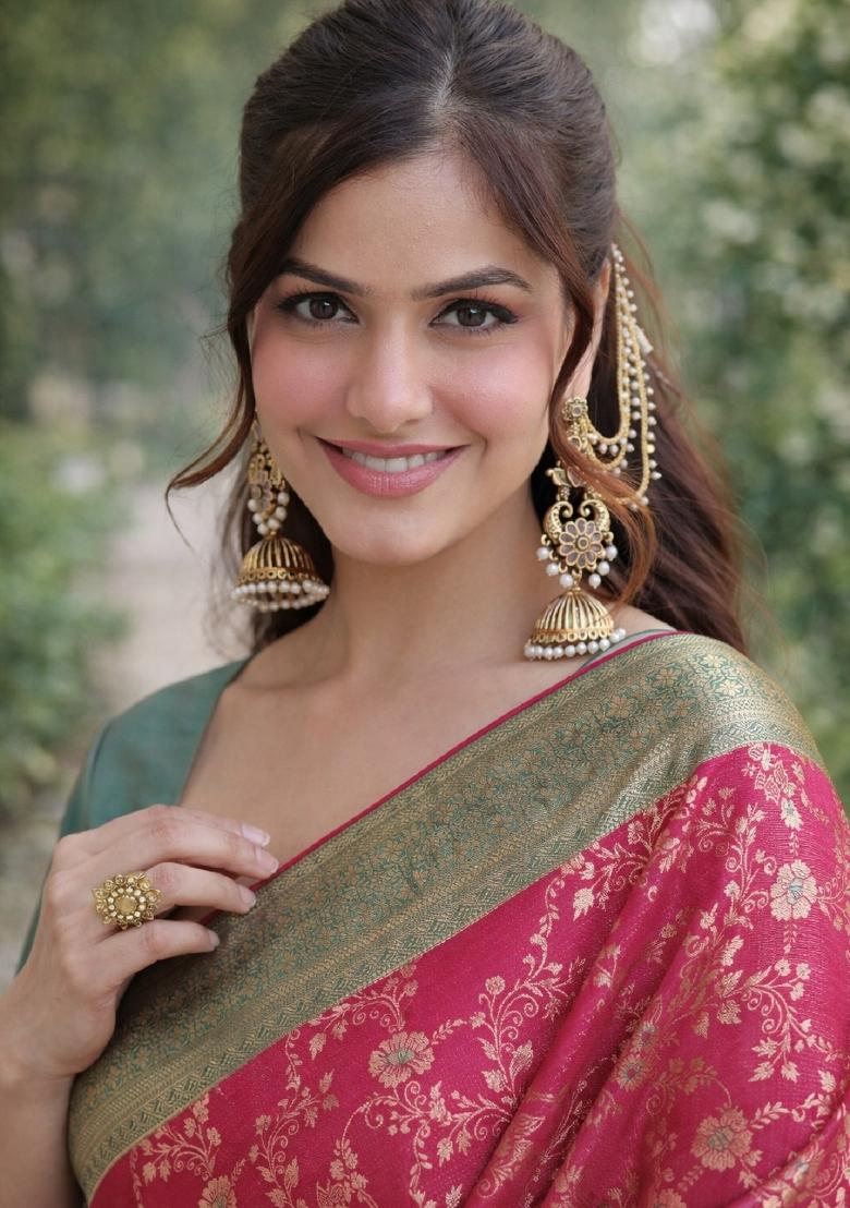 Pink Embroidered Banarasi Silk Blend Saree Set - Indya