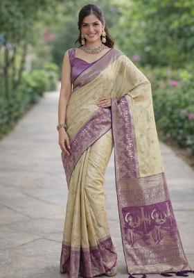 Cream Embroidered Banarasi Silk Blend Saree Set