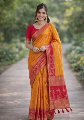 Mustard Embroidered Banarasi Silk Blend Saree Set