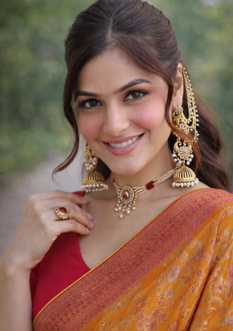 Mustard Embroidered Banarasi Silk Blend Saree Set - Indya
