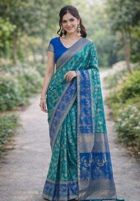 Teal Embroidered Banarasi Silk Blend Saree Set