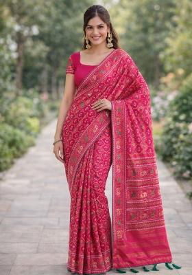 Pink Embroidered Banarasi Silk Blend Saree Set
