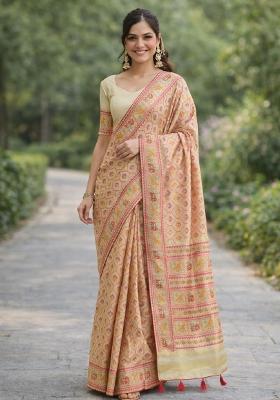 Cream Embroidered Banarasi Silk Blend Saree Set