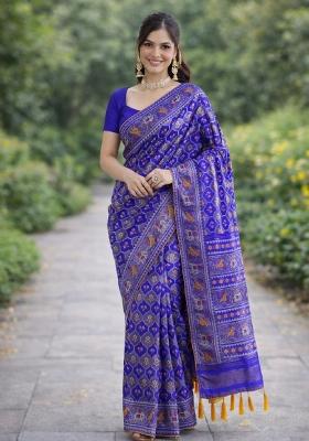 Royal Blue Embroidered Banarasi Silk Saree Set
