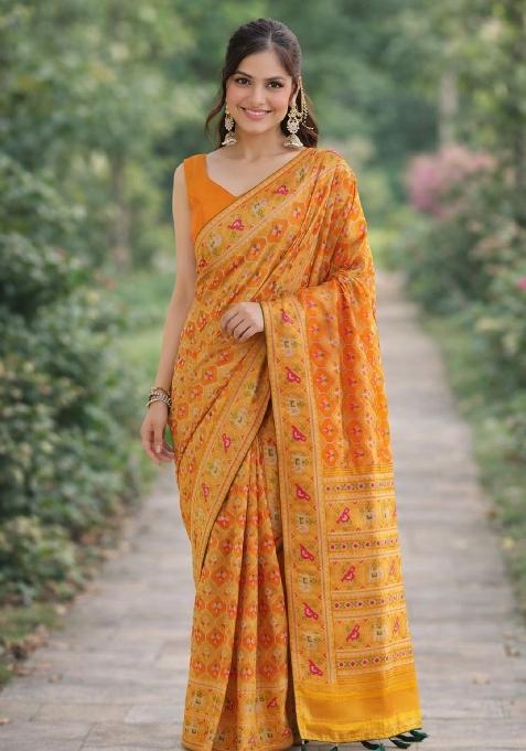 Yellow Embroidered Banarasi Silk Blend Saree Set