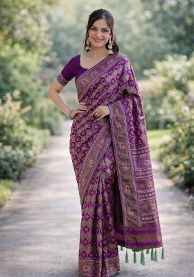 Purple Embroidered Banarasi Silk Blend Saree Set