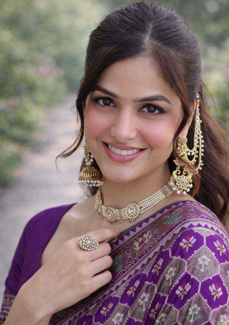 Purple Embroidered Banarasi Silk Blend Saree Set - Indya