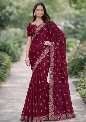 Wine Embroidered Georgette Saree Set