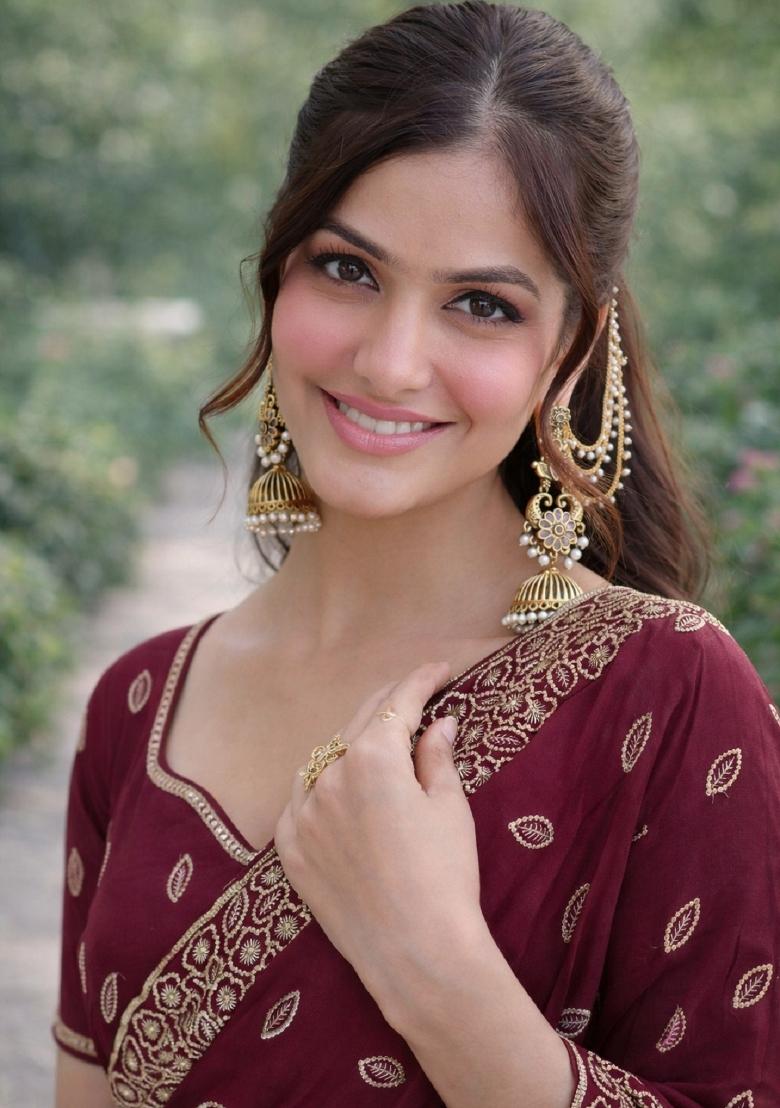 Wine Embroidered Georgette Saree Set - Indya