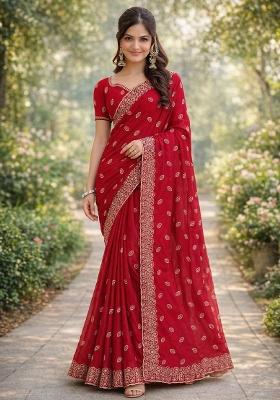 Pink Embroidered Georgette Saree Set