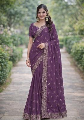 Lavender Embroidered Georgette Saree Set