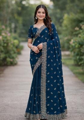 Turquoise Embroidered Georgette Saree Set