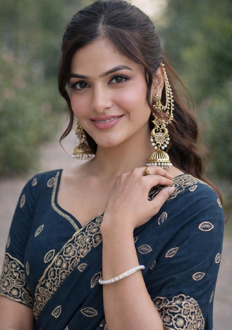 Turquoise Embroidered Georgette Saree Set - Indya
