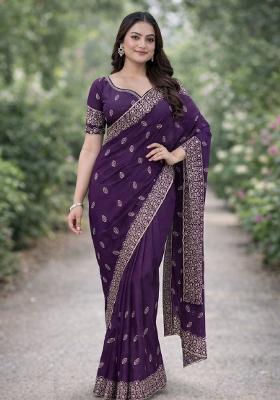 Purple Embroidered Georgette Saree Set