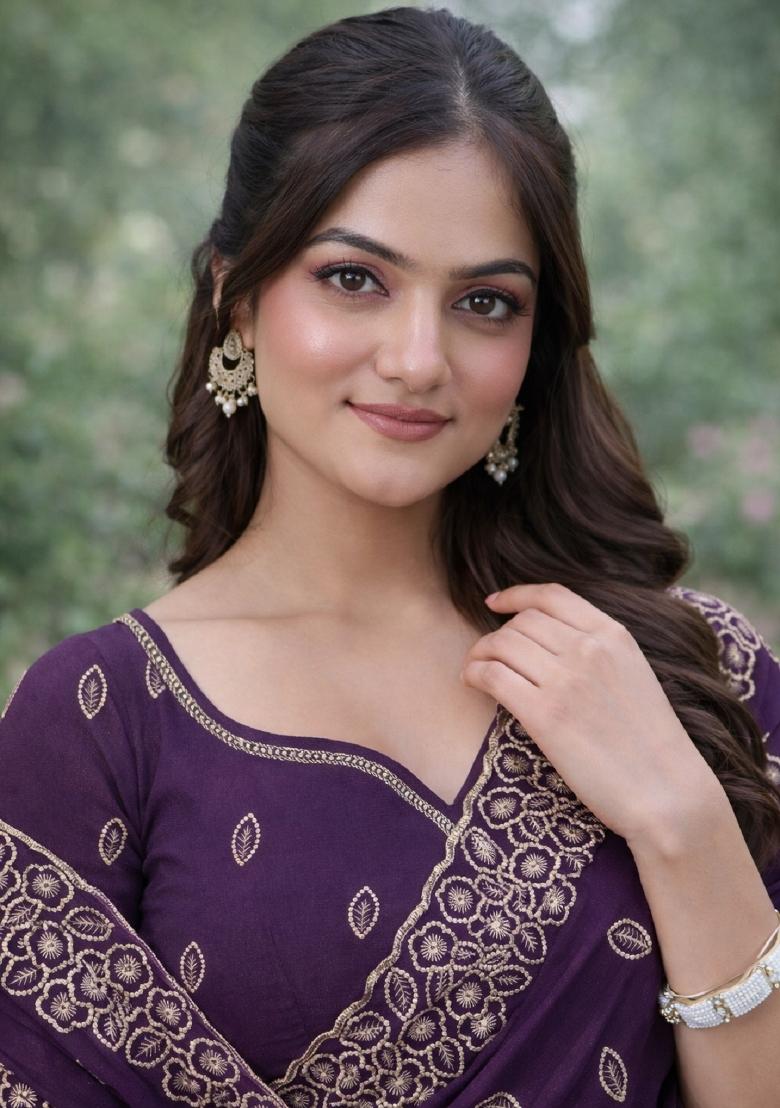 Purple Embroidered Georgette Saree Set - Indya