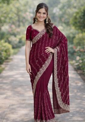 Wine Embroidered Georgette Saree Set