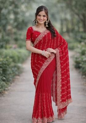 Rani Pink Embroidered Georgette Saree Set